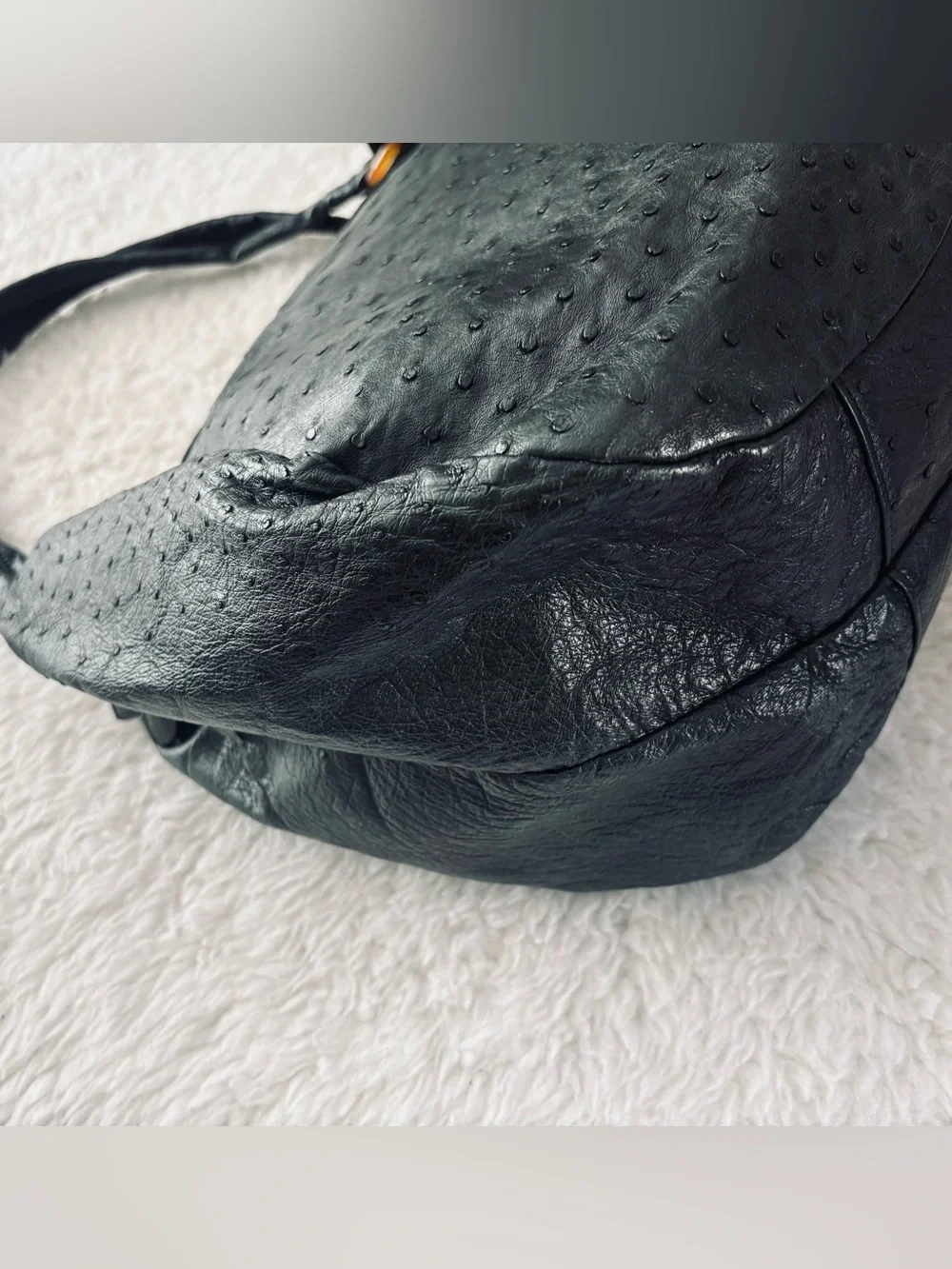 Vintage Black Genuine Ostrich Skin Leather Large Satchel Bag Size 13”x11”x7”